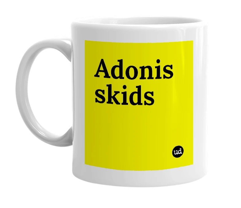 White mug with 'Adonis skids' in bold black letters