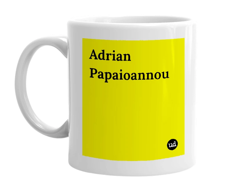 White mug with 'Adrian Papaioannou' in bold black letters