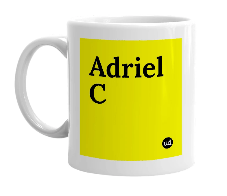 White mug with 'Adriel C' in bold black letters