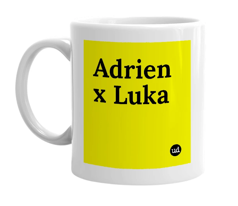 White mug with 'Adrien x Luka' in bold black letters