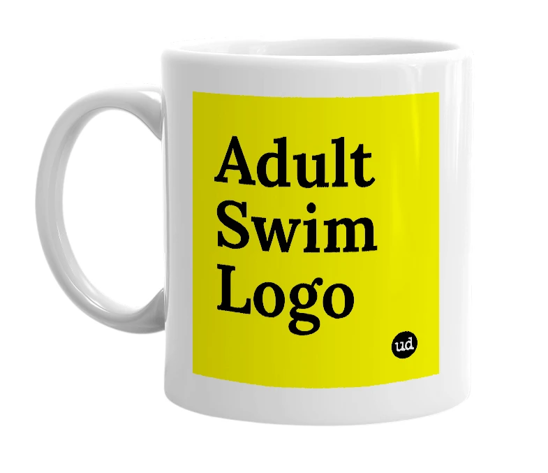 White mug with 'Adult Swim Logo' in bold black letters