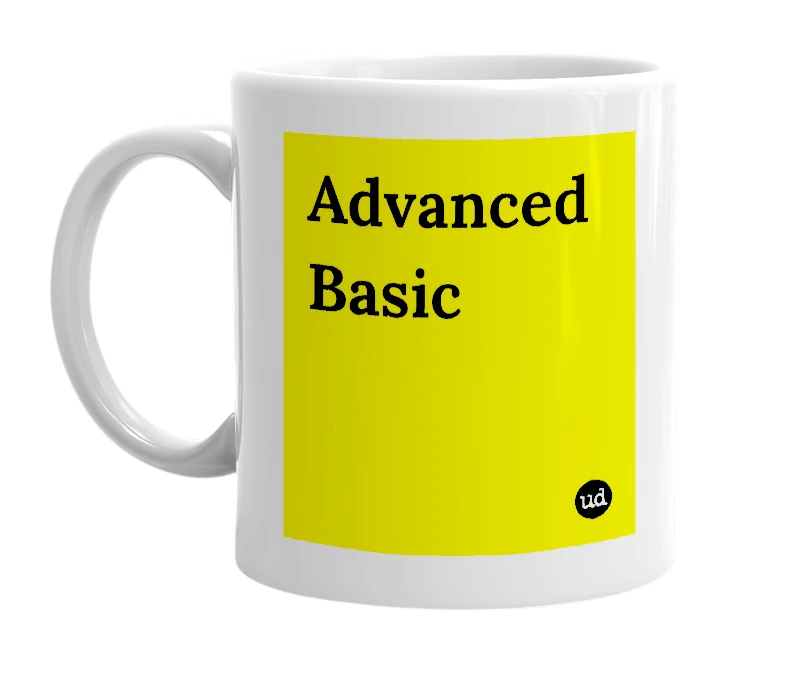 White mug with 'Advanced Basic' in bold black letters