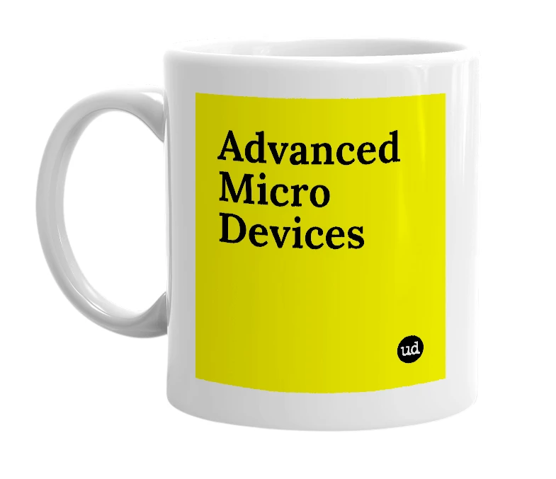 White mug with 'Advanced Micro Devices' in bold black letters