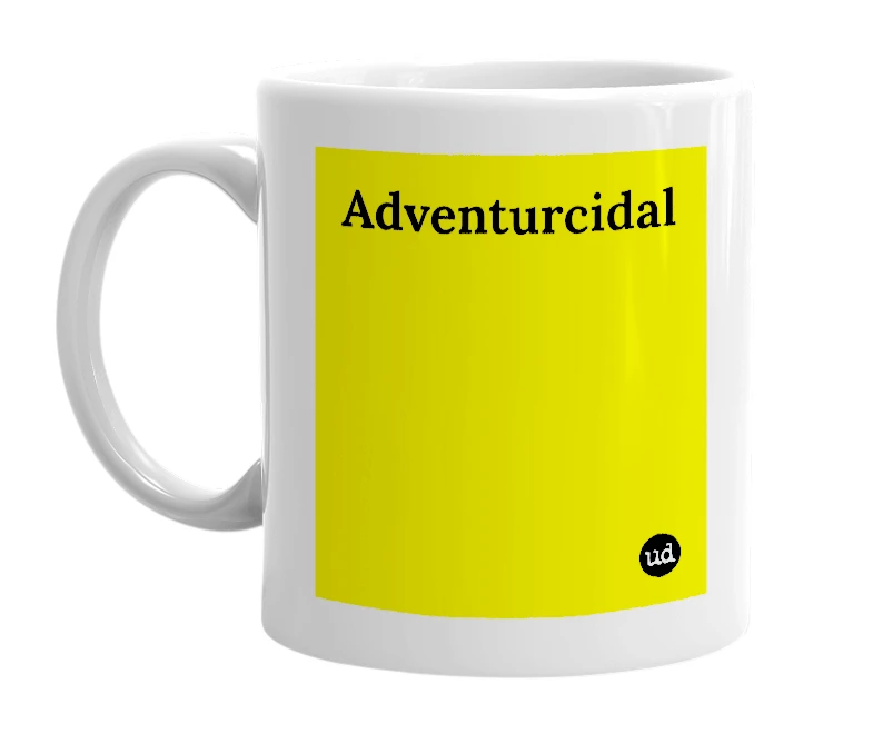 White mug with 'Adventurcidal' in bold black letters