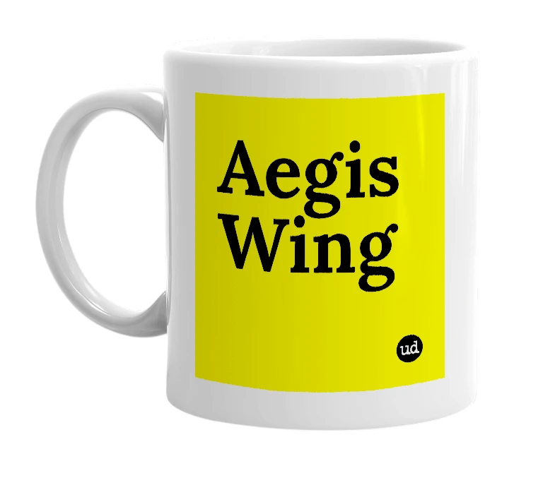 White mug with 'Aegis Wing' in bold black letters