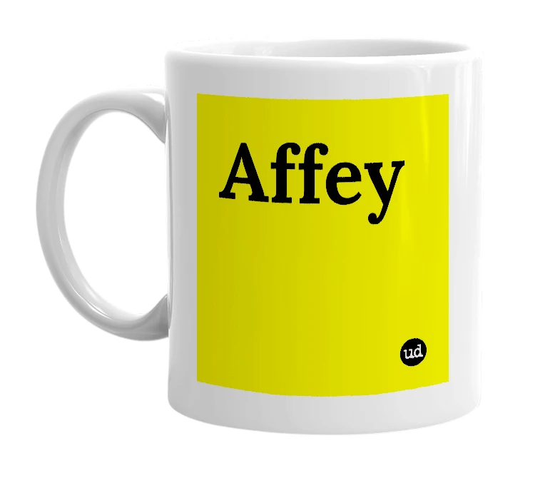 White mug with 'Affey' in bold black letters