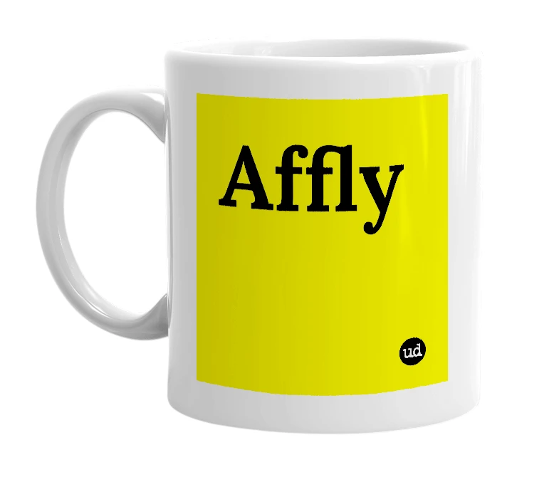 White mug with 'Affly' in bold black letters