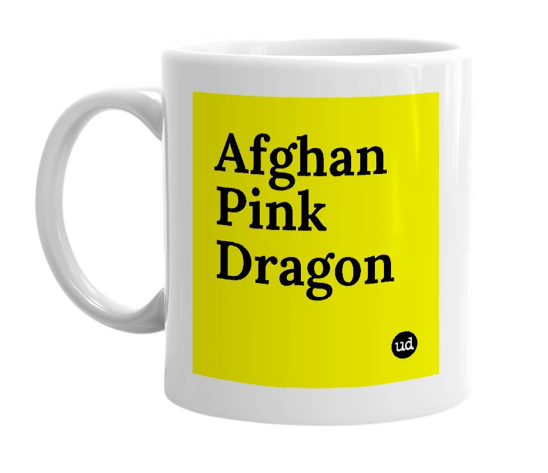 White mug with 'Afghan Pink Dragon' in bold black letters