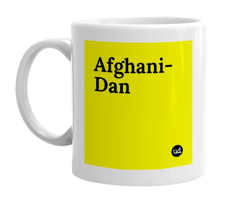White mug with 'Afghani-Dan' in bold black letters