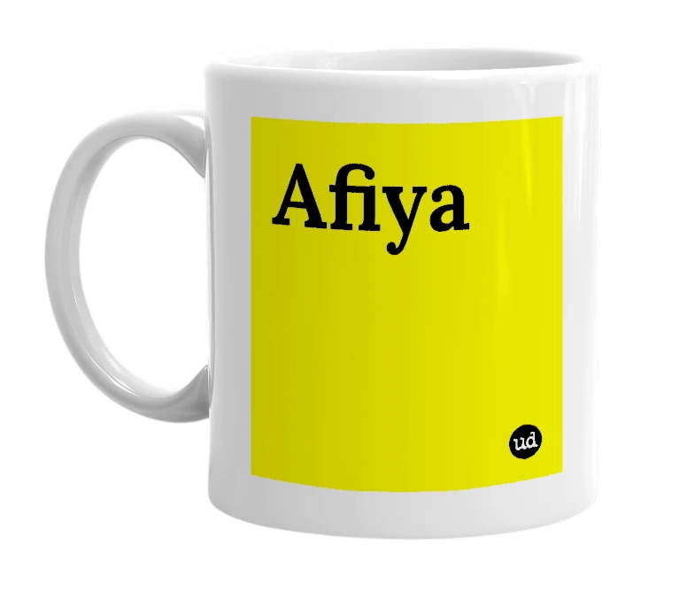 White mug with 'Afiya' in bold black letters
