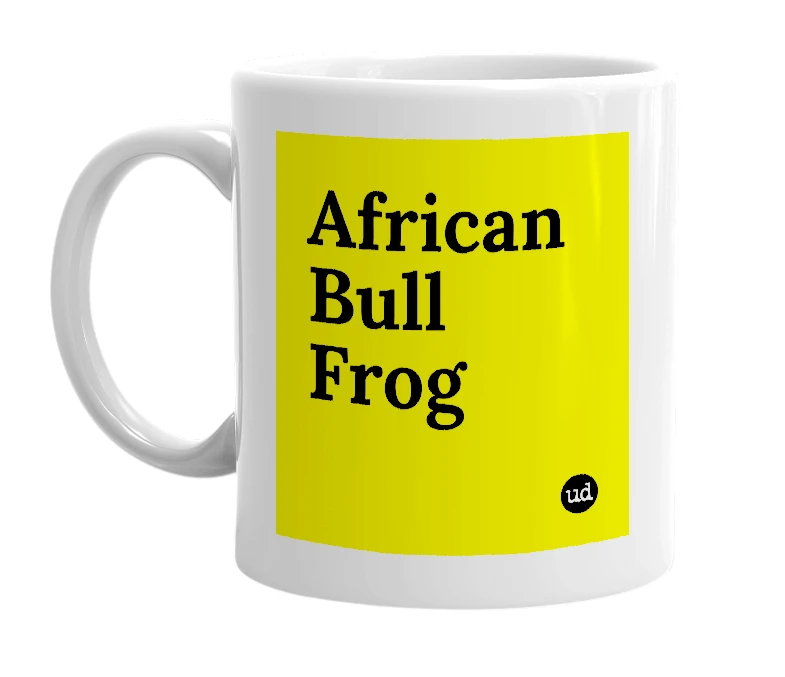 White mug with 'African Bull Frog' in bold black letters