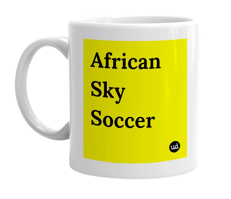 White mug with 'African Sky Soccer' in bold black letters