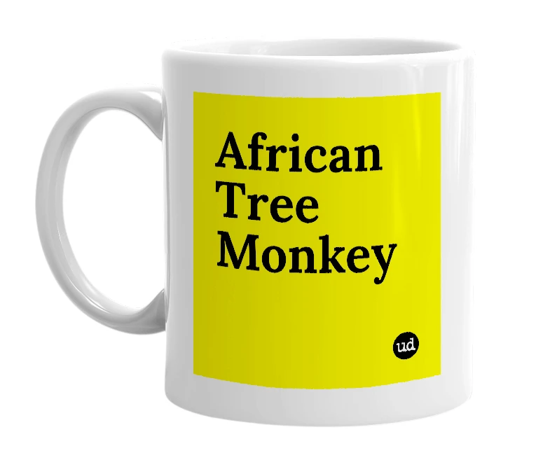 White mug with 'African Tree Monkey' in bold black letters