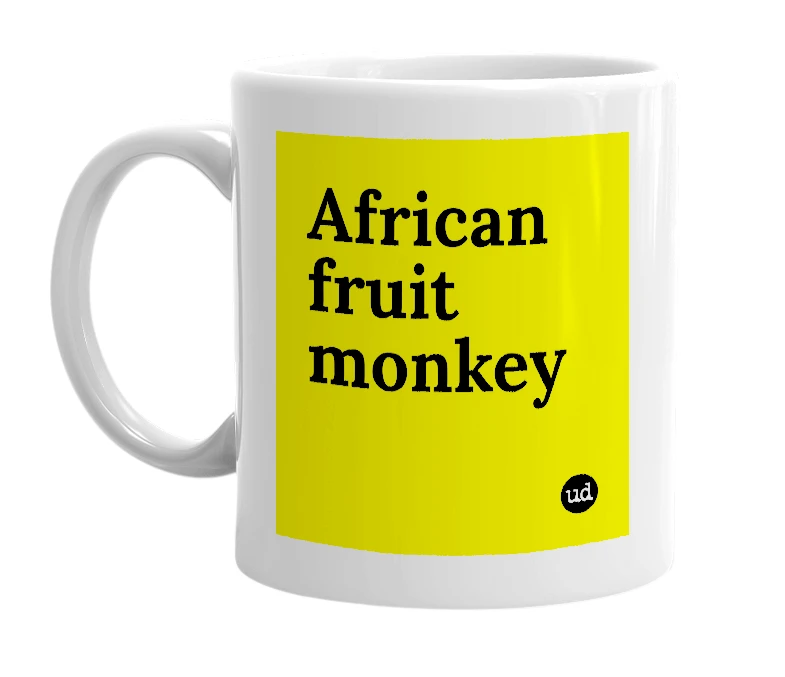 White mug with 'African fruit monkey' in bold black letters