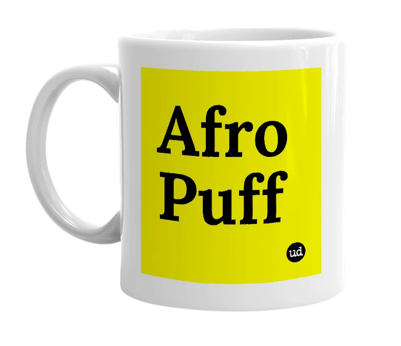 White mug with 'Afro Puff' in bold black letters