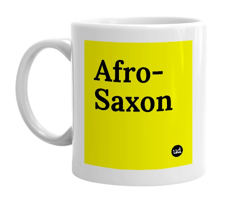 White mug with 'Afro-Saxon' in bold black letters