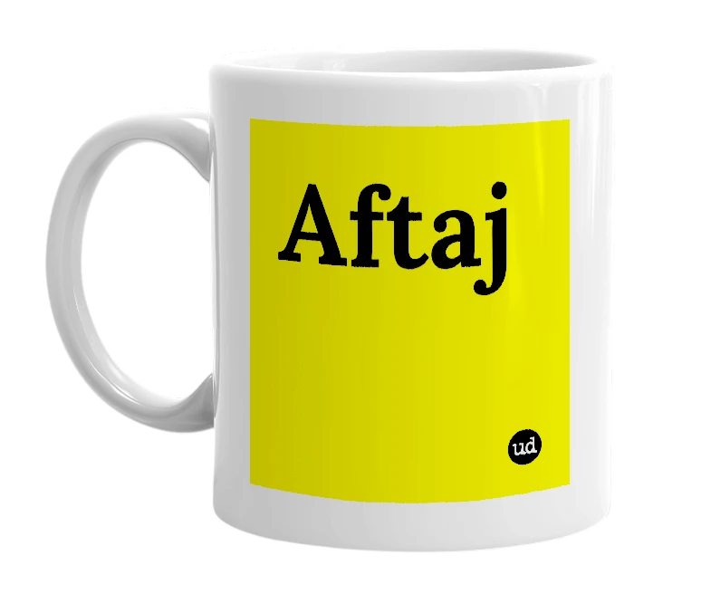White mug with 'Aftaj' in bold black letters