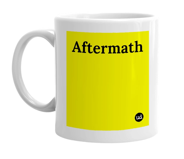 White mug with 'Aftermath' in bold black letters