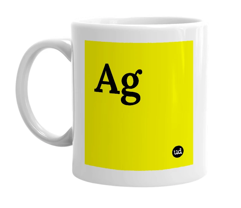 White mug with 'Ag' in bold black letters