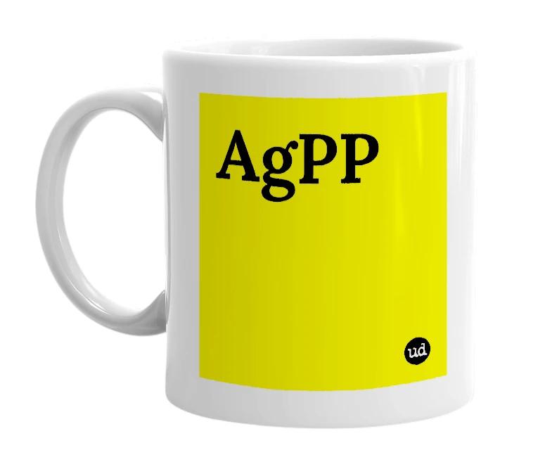 White mug with 'AgPP' in bold black letters