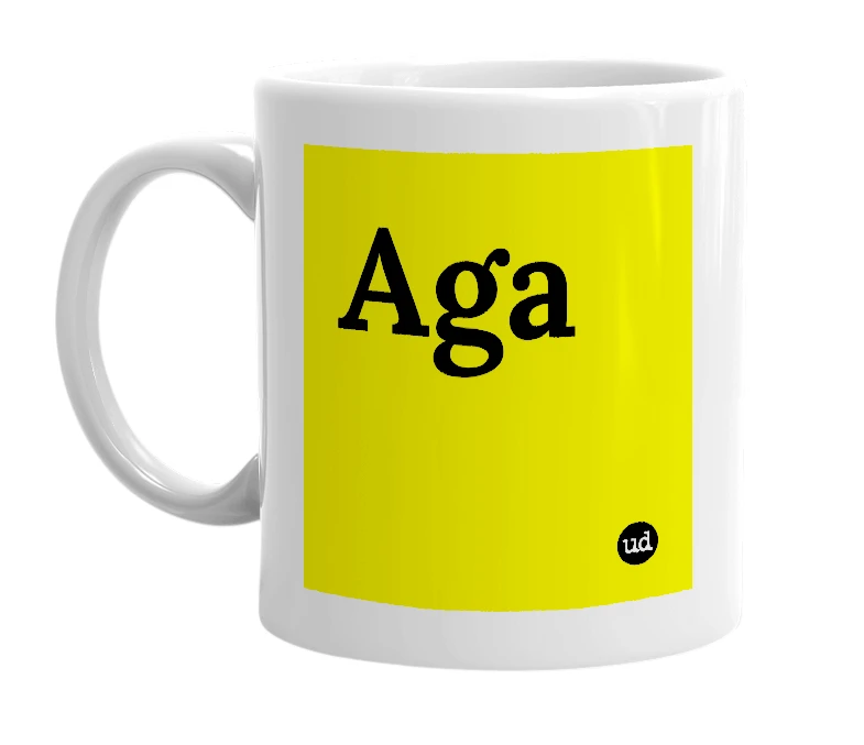 White mug with 'Aga' in bold black letters