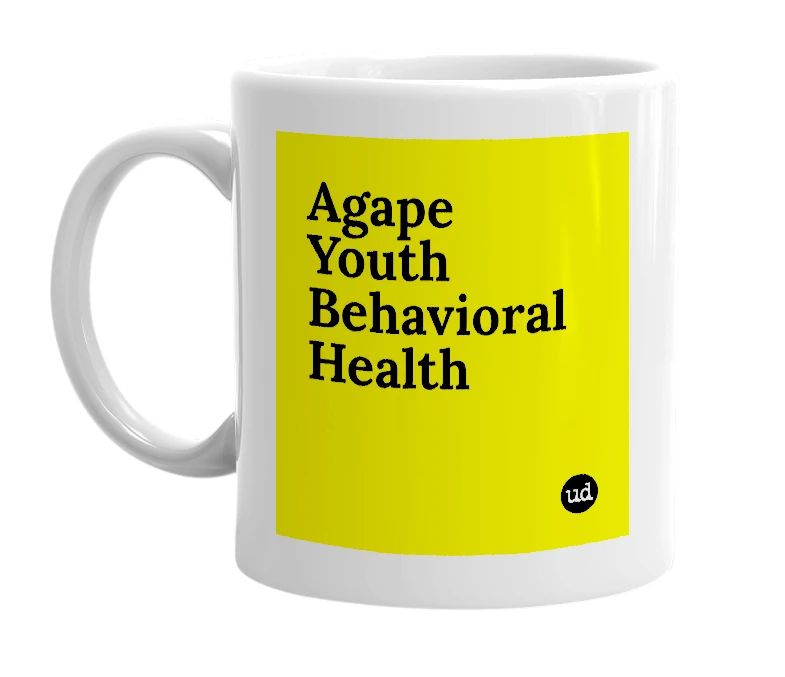 White mug with 'Agape Youth Behavioral Health' in bold black letters