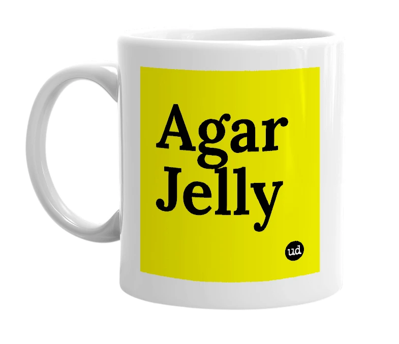 White mug with 'Agar Jelly' in bold black letters