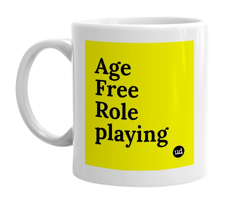 White mug with 'Age Free Role playing' in bold black letters