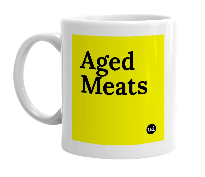 White mug with 'Aged Meats' in bold black letters