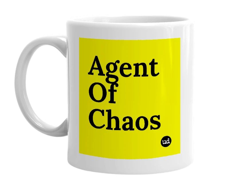 White mug with 'Agent Of Chaos' in bold black letters