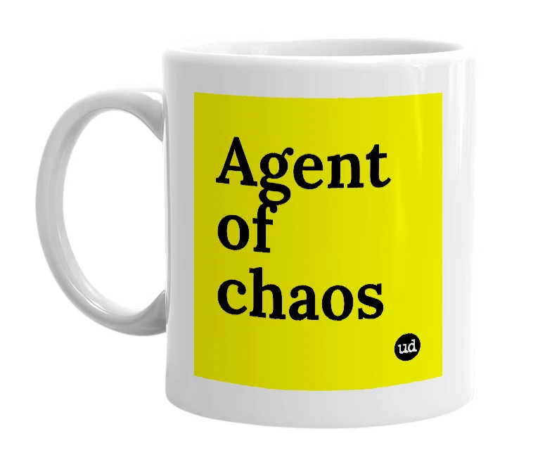 White mug with 'Agent of chaos' in bold black letters
