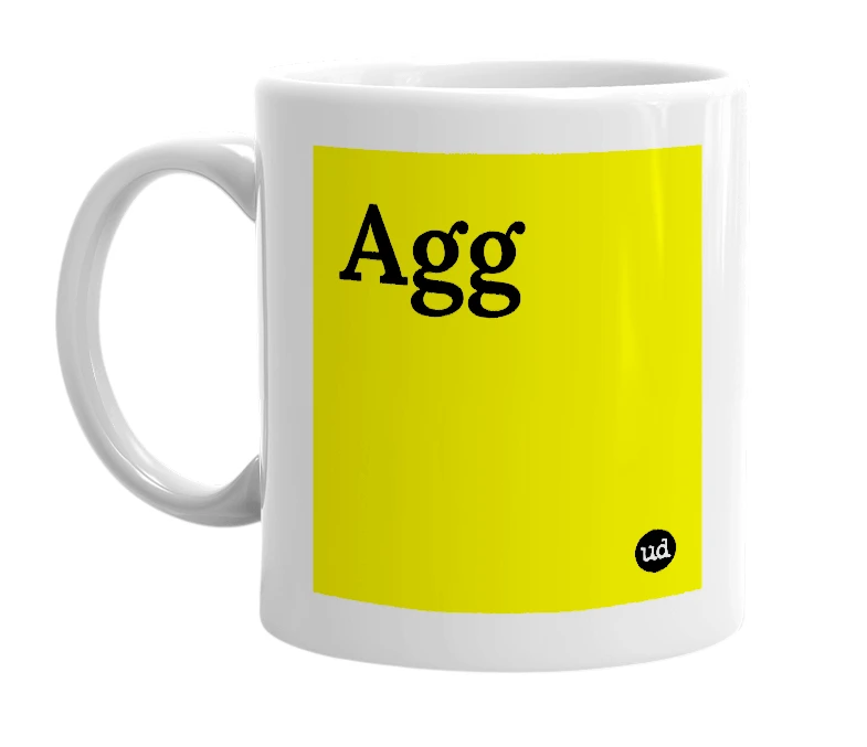 White mug with 'Agg' in bold black letters