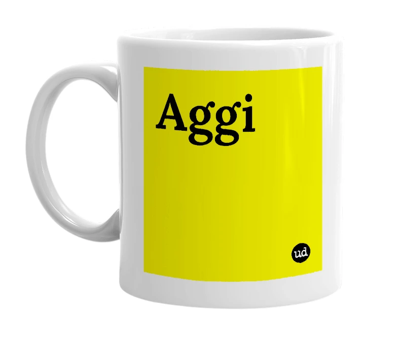 White mug with 'Aggi' in bold black letters