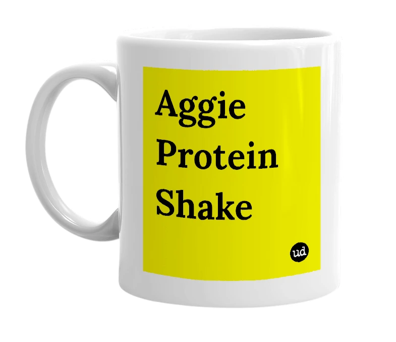 White mug with 'Aggie Protein Shake' in bold black letters