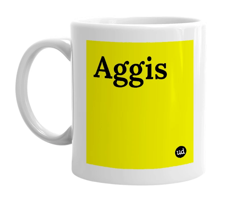 White mug with 'Aggis' in bold black letters