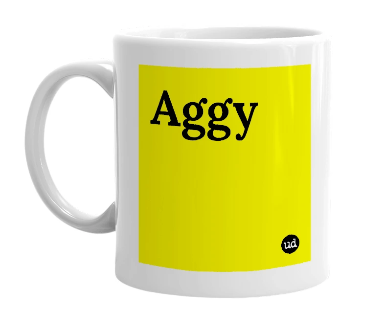 White mug with 'Aggy' in bold black letters