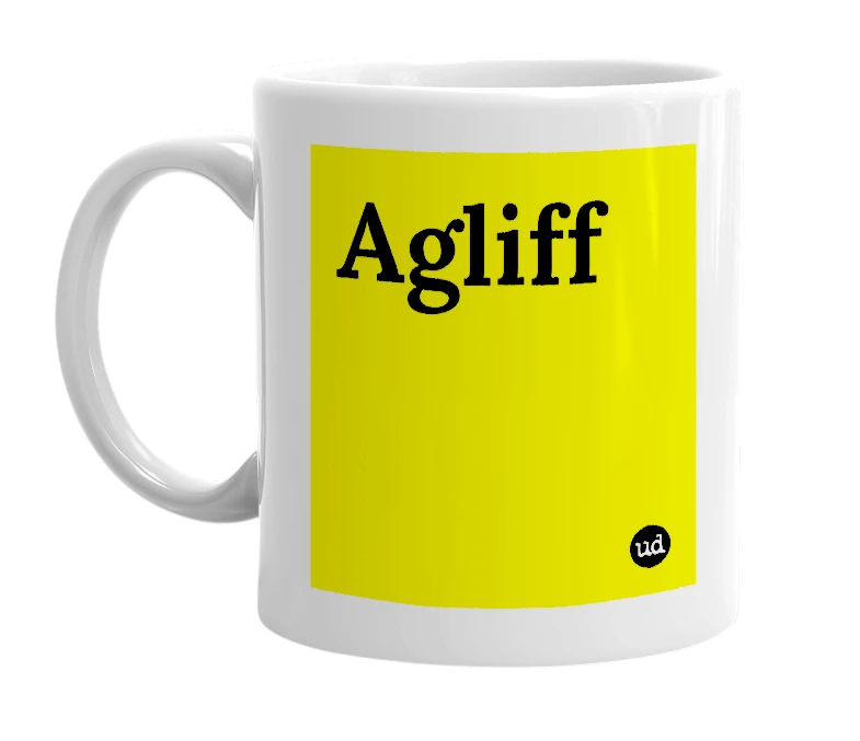 White mug with 'Agliff' in bold black letters