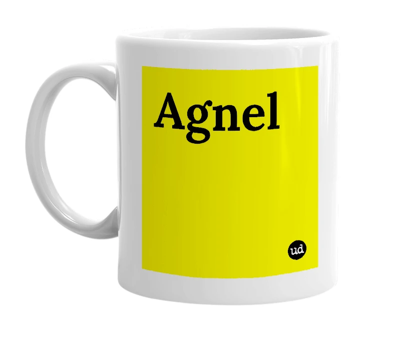White mug with 'Agnel' in bold black letters