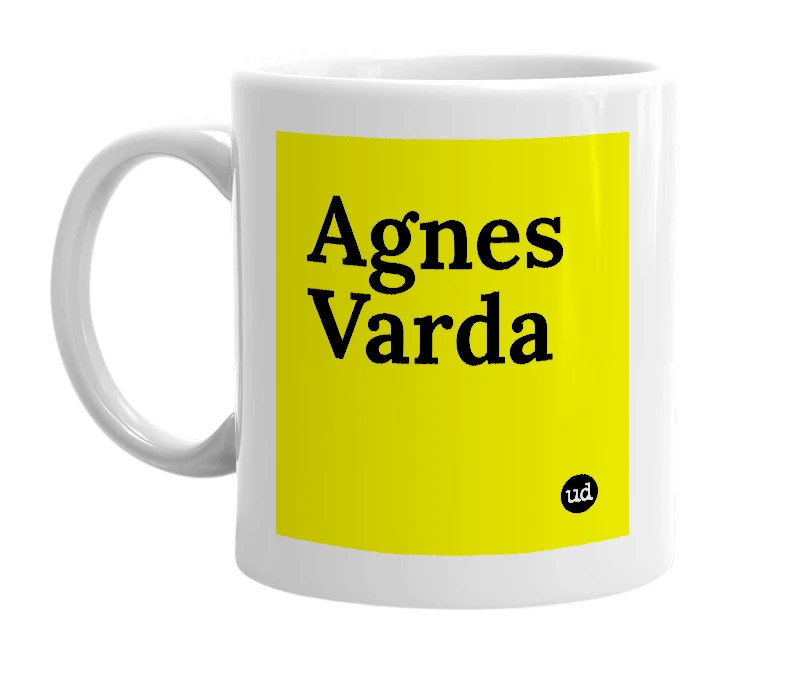 White mug with 'Agnes Varda' in bold black letters