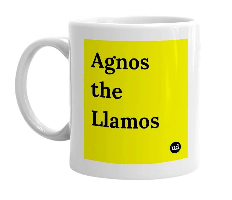 White mug with 'Agnos the Llamos' in bold black letters