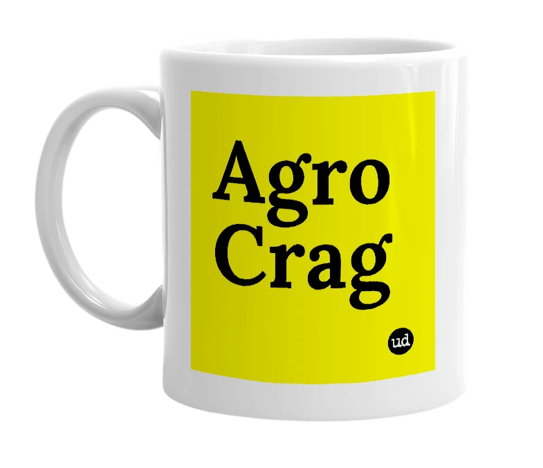 White mug with 'Agro Crag' in bold black letters