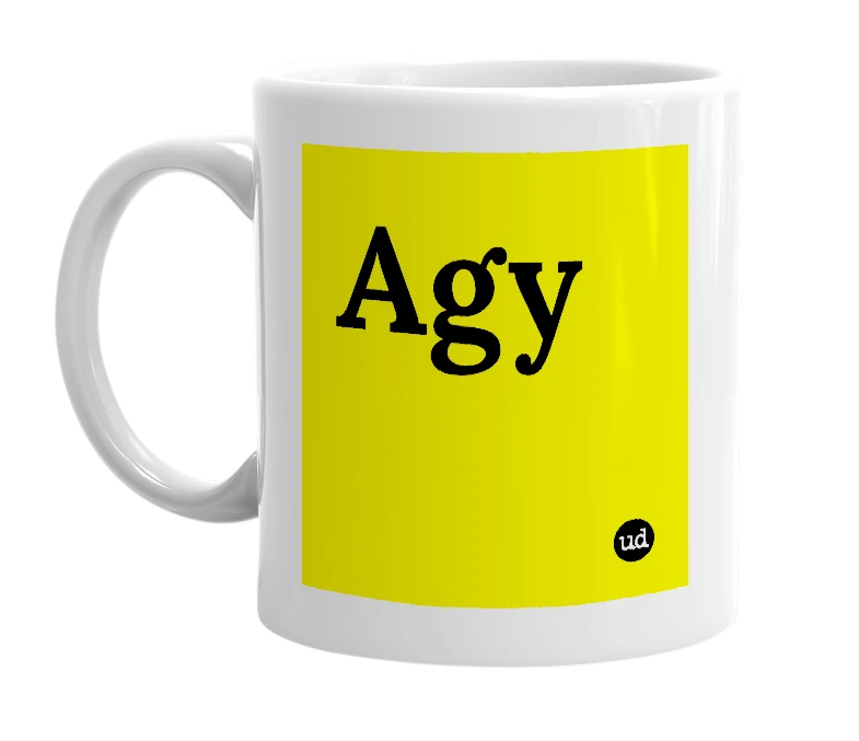 White mug with 'Agy' in bold black letters