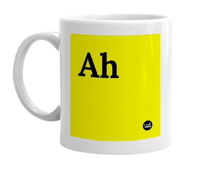 White mug with 'Ah' in bold black letters