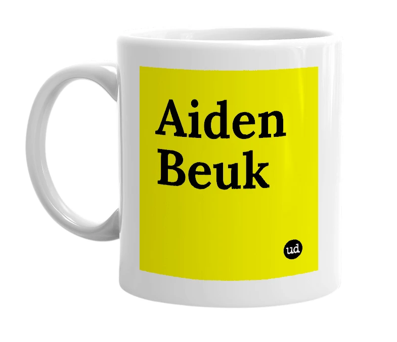 White mug with 'Aiden Beuk' in bold black letters