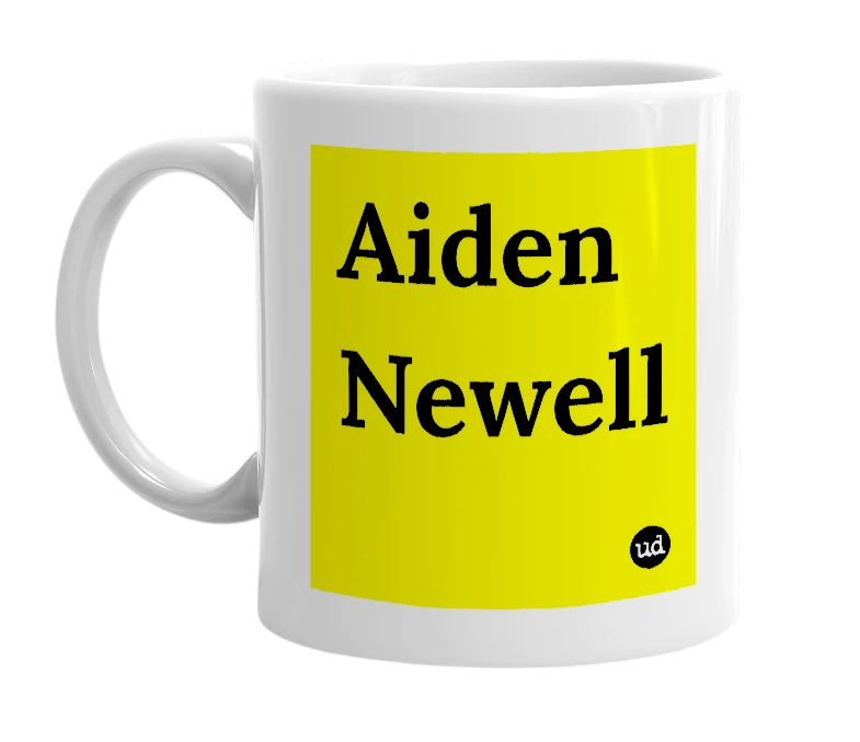 White mug with 'Aiden Newell' in bold black letters