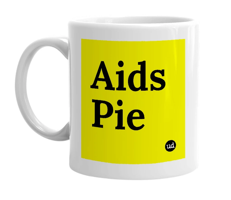 White mug with 'Aids Pie' in bold black letters