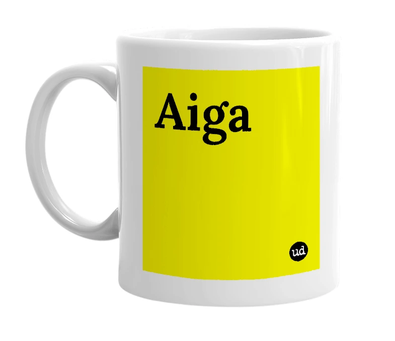 White mug with 'Aiga' in bold black letters