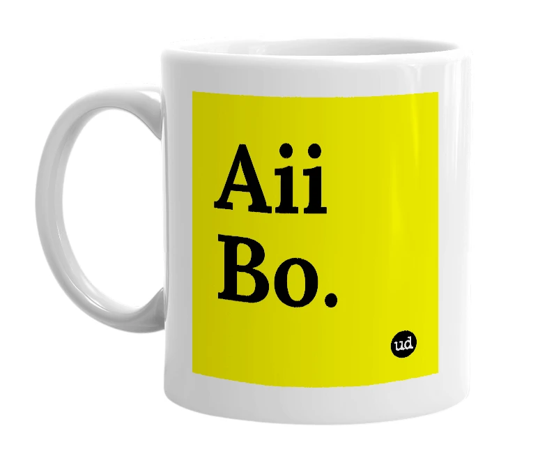 White mug with 'Aii Bo.' in bold black letters