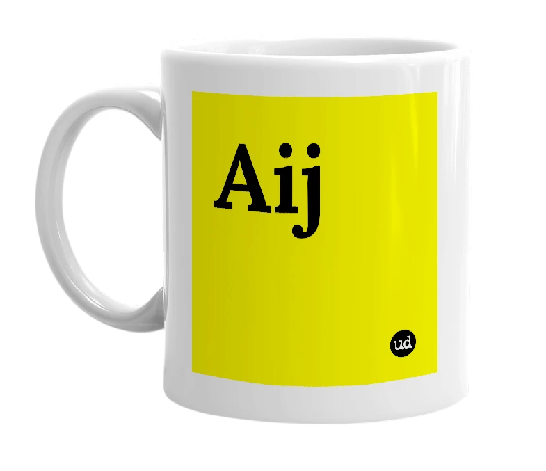 White mug with 'Aij' in bold black letters