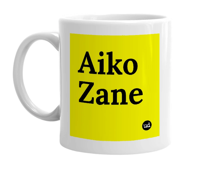 White mug with 'Aiko Zane' in bold black letters